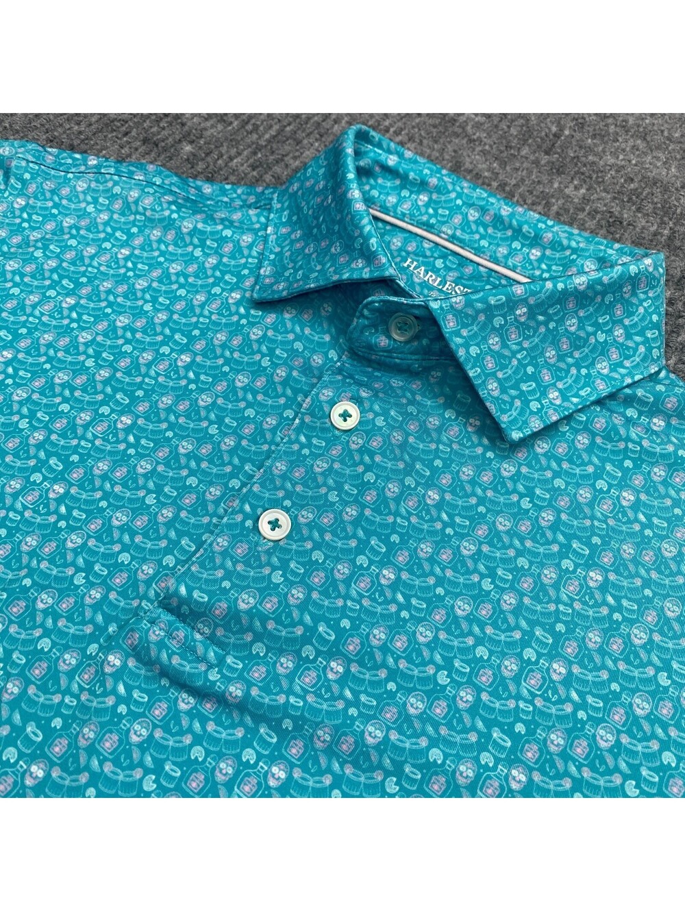 Harlestons Golf Polo Shirt Mens M Tailored Geometric Turquoise Skull Tequila AOP